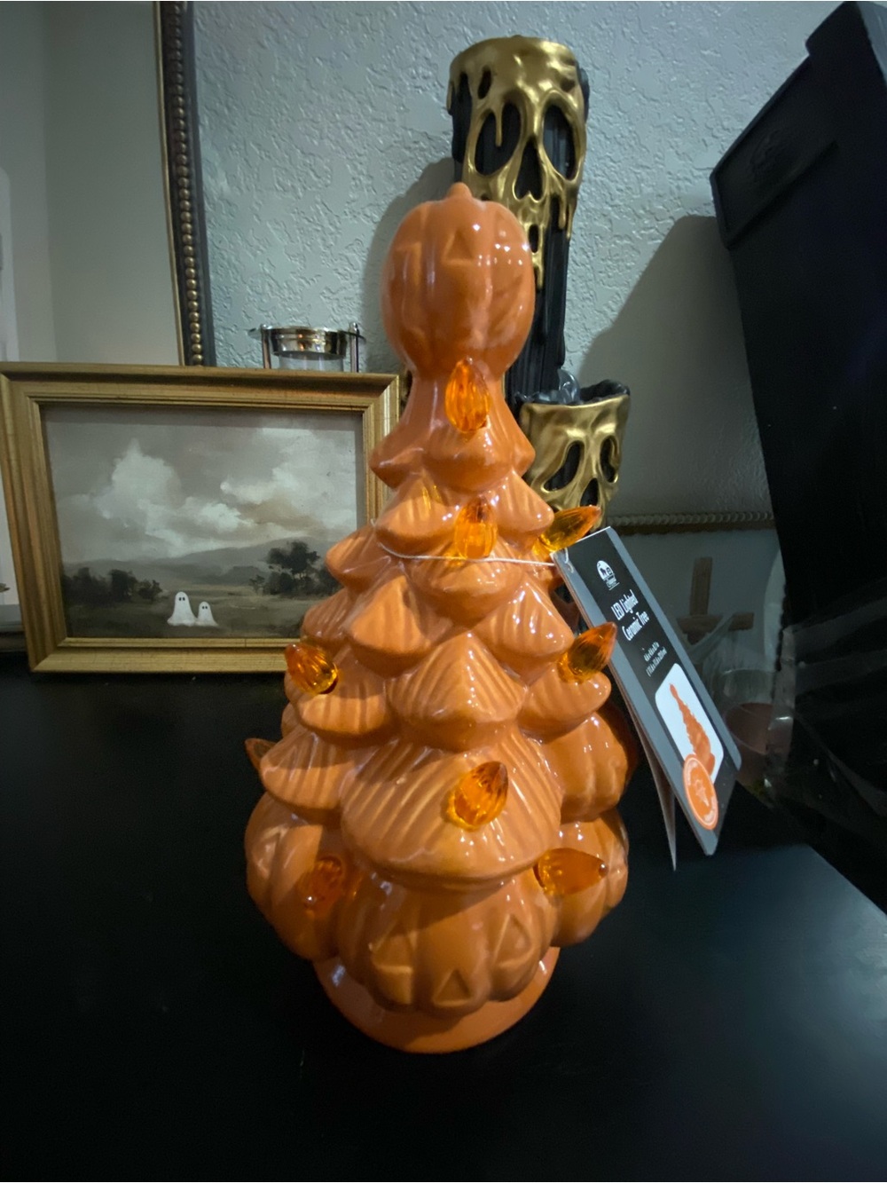 Orange Ceramic Halloween Tree with Amber Lights